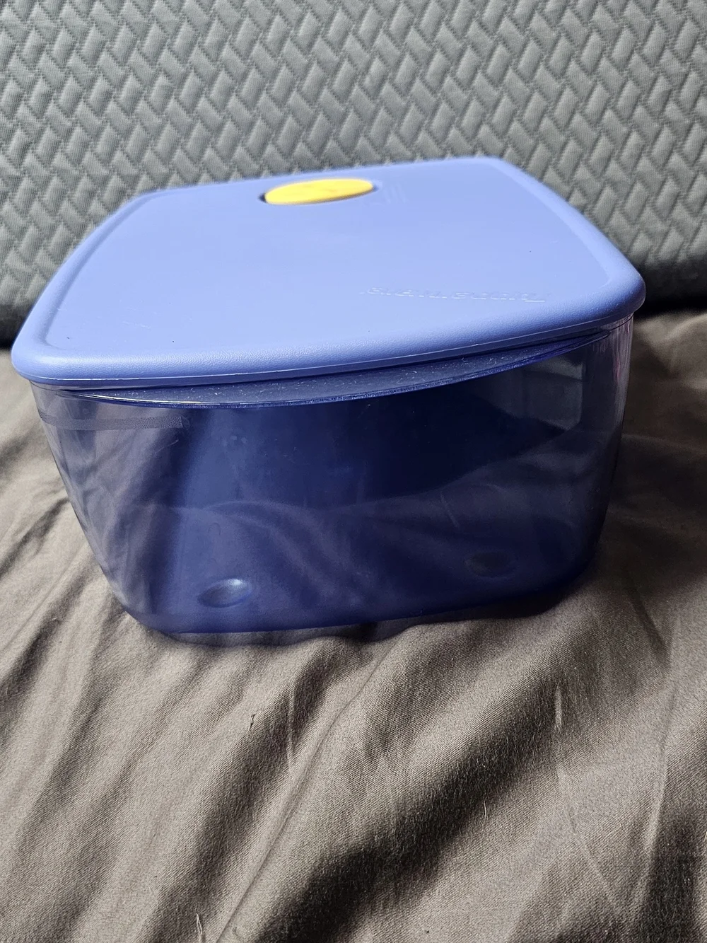 Tupperware Periwinkle Plastic Storage Container with Yellow Vent Lid